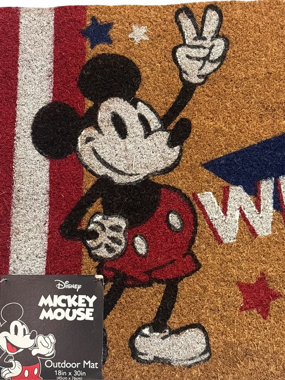 Disney Mickey Mouse 4th July Welcome Doormat Brown Navy Red White 18x30 Outsoor